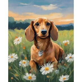طلاء QacyId بأرقام للبالغين dachshund على اللوحة العشب الزهرة حسب عدد البالغين DIY Digital Paint