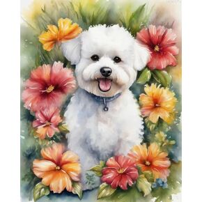 طلاء OKSgyta بأرقام للبالغين Bichon Frize Dog و Flower DIY أدوات الطلاء الرقمي المطبوعة مسبقًا من القماش الفني