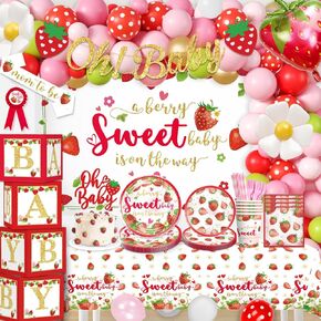 Cocomigo 239pcs زخارف دش الطفل الفراولة لفتاة حلوة ، أكمل التوت الحلو طفل على الطريق متين 300gsm لوحات الخلفية 108 بالونات لحفل الفراولة