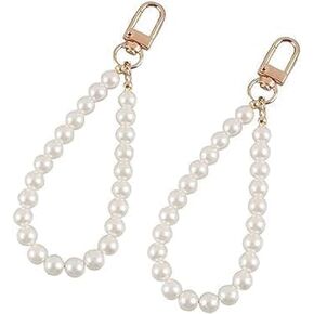 2Pcs Faux Pearl Keychain Straps Beaded Keyring Lanyard Key Chain Holder Wristlet Key Ring Wrist Strap Elegant Purse Lanyard Strap Women's Keyrings and Keychains, Car Keychain
