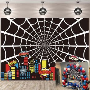 Pink Spider Web Backdrop 7x5FT Cartoon City Super Heros Cityscape Photography Background Girls Birthday Party Cake Table Decorations Photo Props