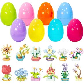 PARSUP 12 Pack Easter Plastic Eggs with Flower Building Blocks for Easter Theme Party Favors, Supplies for Easter Egg Hunt, Basket Stuffers/Fillers, Classroom Prize Supplies Toddler Boys Girls