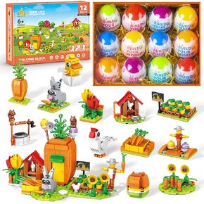 Easter Bunny Building Toy Set, Easter Gifts for Kids - 12-in-1 Rabbit Building Block with Prefilled Eggs, Includes Chick, Sheep, Carrot, Flower, Easter Basket Stuffers & Decorations for Boys Girls 6+