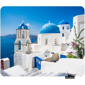 منظر منظر للماوس المناظر للماوس من المنازل البيضاء التقليدية والقباب الزرقاء في قرية OIA Santorini Island اليونان اللوحة الفأر غير المنقولة لأجهزة الكمبيوتر ، الكمبيوتر المحمول 9.5 بوصة × 7.9 بوصة