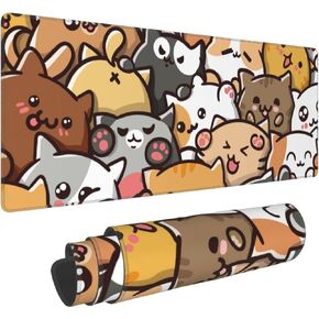 Cartoon Cat Gaming Mouse Pad XXL Large 31.5×11.8 Inch Extended Desk Mat Protector Cute Desk Decor with Stitched Edges Non-Slip Rubber Base for Work Computer Keyboard Office Home (cat-1)
