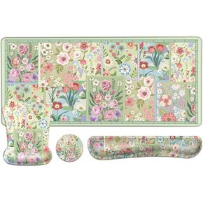 Mosiso Wrist Rest دعم لمجموعة وسادة فأر لوحة المفاتيح ، والزهور المقسمة Mousepad ولوحة المفاتيح الكبيرة ووسادة الماوس والمواد ، والموسى غير المريحة غير المنقولة مع رغوة الذاكرة للمكتب المنزلي ، الأخضر
