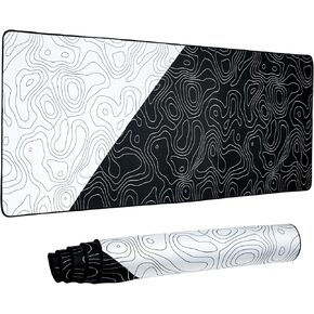 أبيض/أسود XXL ألعاب Mousepad ، حصيرة مكتب الخريطة الطبوغرافية ， حواف مخيط ， موسباد مريح مريح مع قاعدة مطاطية غير انزلاق للكمبيوتر | الكمبيوتر المحمول | المكتب والمنزل | 35.4x15.7in