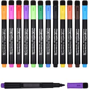 [UPGRADED 12 Pack Magnetic Dry Erase Markers, Low Odor White Board Markers Whiteboard Marker with Eraser for Kids Teacher Supplies Classroom Calender Fine Tip Point