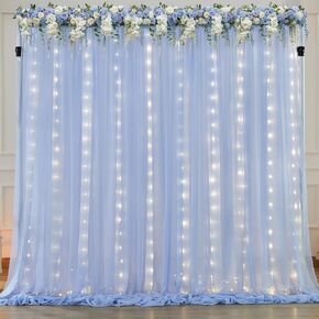 10ft x 10ft Ivory Chiffon Backdrop Curtain with Lights String for Parites Wedding Wrinkle Free Curtain Photo Backdrops Drapes for Baby Shower Birthday Party Home Decorations