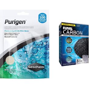 Seachem Indoor Purigen Organic Filtration Resin - Fresh and Saltwater 100 ml and Fluval Carbon Filter Media for Aquariums, Premium Bituminous Carbon Inserts, 100-gram Nylon Bags, 3-Pack