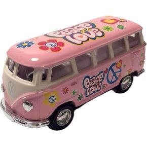Kinsmart 1962 Volkswagen الكلاسيكية الهبي الحب والسلام حافلة 1:64 مقياس 2.5 بوصة تموت سلسلة مفاتيح المعادن المصبوب ، حركة التراجع ، الباستيل الوردي