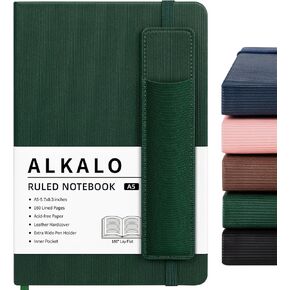 Lined Journal Notebook for Work, A5 Stripe Leather Notebook with Polyester Pen Sleeve, 100GSM/160 Pages Thick Paper, Daily Journals for Writing, School, Note Taking, Business, Travel, College Ruled