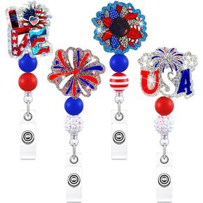 Kenning 4 Pack 4th of July Beadge Begge Beads Retractable Glitter Nursic Nurse Badge حامل شارة مع مقطع التمساح الدوار للاستقلال ممرضة Doctor Doctor Worker اسم بطاقة الهدية تزيين مقاطع معدنية