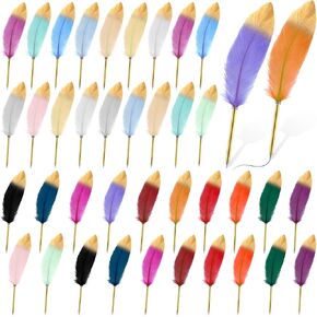 Honoson 40 Pcs Feather Quill Ballpoint Pens Bulk 0.7 mm Ink Feathered Vintage Refined Plated Rod Pen for Writing Guest Signature Office Party Favors