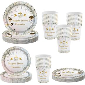 MEHOFOND 192Pcs Nuestra Primera Comunión Baptism Decorations for 48 Guest First Holy Communion Party Tableware Set Christening God Bless Paper Plates for Mi Bautizo Baby Shower Decor Party Supplies