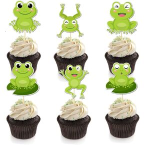 أدوات عيد ميلاد Summer Frog Cupcake For Kids ، 12 مساءً ديكورات ضفدع مضحكة مع 6 تصاميم ، أدوات تجارية آمنة للأطعمة لمستلزمات حفلات البلياردو
