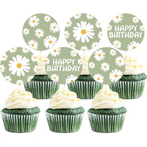 Cheereveal 24pcs Sage Green Daisy Flower Cupcake Toppers ، Retro Green Daisy Happy Birthday Party Decorts for Girls ، Daisy تحت عنوان Boho Groovy Party Supplies
