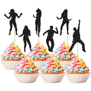 24pcs 70's Disco Cupcake Topcake Topcake Black Glitter Dancing يختار 60 زينة راقصة الكعك للموسيقى