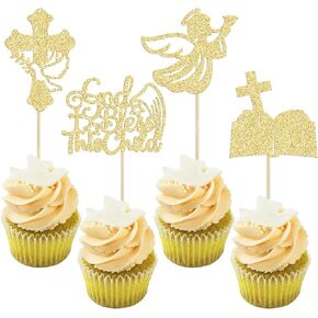24Pcs Gold Glitter Baptism Cupcake Toppers God Bless This Child Cake Toppers Cross Cupcake Picks First Communion Newborn Baby Shower Party Decorations in Kuwait
