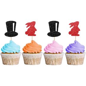 24pcs سحرية عرض القبعات العليا ، Tophat Cupcake Toppers for Magic Themd حفلة عيد ميلاد ، Magic Hat/Rabbit Cupcake ، زخرفة حفلة عيد ميلاد الساحر - Red & Black Glitter