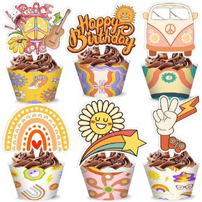 48pcs الهبي مرن تحت عنوان ديكورات حفلة عيد ميلاد | 24pcs cupcake toppers & 24pcs cupcake wrappers forms favors supplies boho retro daisy table table gifts carnival justs