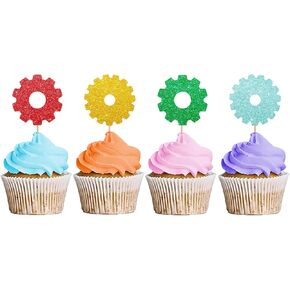 24PCS GEAR CUPCAKE TOPPORS ، Robot Party Party Cupcake Toppers ، Robot Gears Picks ، Decoration Party Former Decoration - Red & Gold Glitter