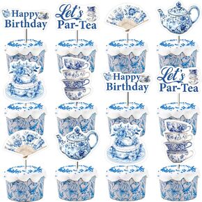 24 PCS TEA CUPCAKE TOPPORS DECORATIONS ، الأزرق والأبيض من الخزف الأزرق ، Let's Par-Tea Decor Cupcake اختيارات ، Chinoiserie Baby Bridal Wedding Birthday Supplies Supplies Party Supplies