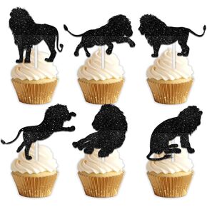 18pcs Black silhouette Glitter Lion Dessert Cupcake Topper Pick for Animals Theme Decor Supplies Baby Shower Boy Girl Happy Birthday Party Decoration