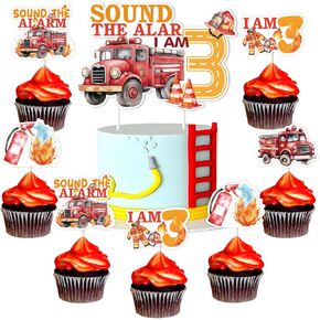 25pcs شاحنة إطفاء 3 أعياد عيد ميلاد القبعات العليا ، صوت المنبه أنا 3 كب كيك يختار رجل إطفاء أصحاب الكعكة ، رجال الإطفاء ، Fired Bay Party Forms for Boy Girl 3 سنوات