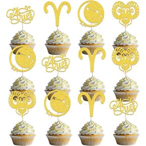 24pcs كبير Aries Energy Cupcake Topper Aries Cake Cake Decoration Aries Cupcake Topper Gold Glitter