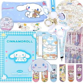 Cute cinnamoroll School Supplies Set Kawaii Office Supplies Gift Set Including Gel Ink Roller Pens Stickers Pencil Case ID Badge Stickers Button Pins Key Chain Phone Ring Holder Bookmark