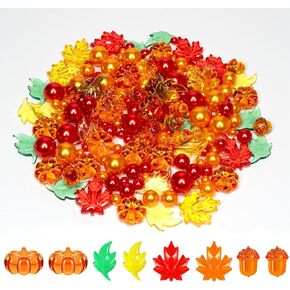 220 Pcs Thanksgiving Fall Vase Filler, Thanksgiving Table Decor, Acrylic Pumpkin Leaves Acorn Gems Fall Charms Sensory Bin Fillers, Mini Pumpkins, Pearls Making Candles Centerpiece