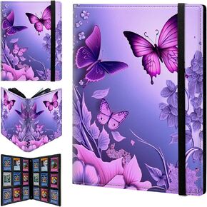 Card Binder 9 Pocket Trading Card Abrum Folder 540 Side Loading Pocket Binder Baseball Card Binder with Pink Flower Purple Butterflies Pattern Design Card Binder لبطاقات اللعبة وبطاقات الرياضة