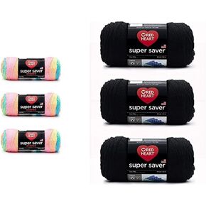Red Heart Super Saver Yarn ، 3 Pack ، Stripe 3 Count & Super Saver Black Yarn - 3 Pack of 198g/7oz - Acrylic - 4 Medium (Surfed) - 364 ياردة - الحياكة/الكروشيه