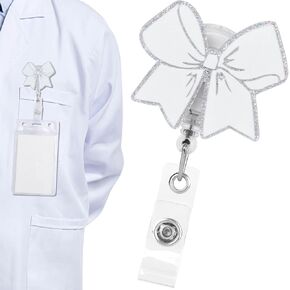 1 Pcs Bow Nursing Badge Reel, Bling Nurse Badge Reel, Retractable Badge Reel for Medical Nursing Worker Teacher Office (White)