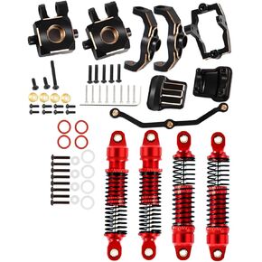 ترقيات جزء ل 1/18 TRX4M ، Black Brass C-Hubs وكتل التوجيه وغطاء محور النحاس الخلفي الأمامي وتوجيه Mount & RC Red Shocks Absorber Pamper