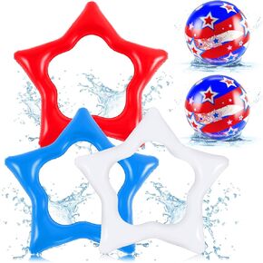5 American Patriotic Inflatable Pool Floaties Set Include 3 Pcs 40 Inch American Stars Blue and White Pool Floats 2 Pcs 16 Inch Inflatable USA Float Beach Ball for Adults Swimming Sea Party