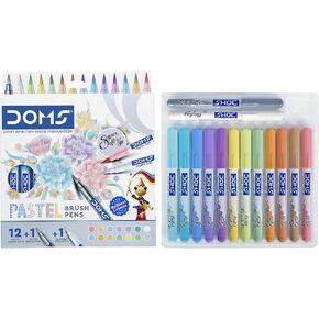DOMS Super Tip Soft Pastel Shades Brush Pen Set | 12 باستيل + ​​1 الفضة + 1 Blender | مثالي للرسوم المتحركة والرسوم التوضيحية والخط والفنانين والمهنيين | حزمة 1