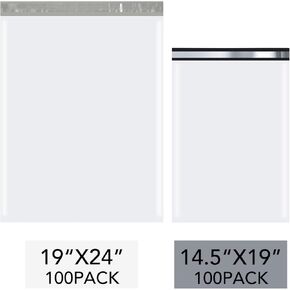 Fuxury White Poly Mailers 19x24" 100 Pack +14.5x19" 100 Pack,Self Adhesive Shipping Bags for Clothing,Waterproof Shipping Envelopes for Small Business
