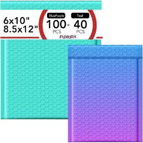 Fuxury 140pc Bubble Mailers, 100Pack 6x10 Padded Envelopes BluePurple+8.5x12 40Pack Bubble Mailers Teal, Self Seal Waterproof Mailing Envelopes Bubble Padded Bulk, Mailers Bubble Padded