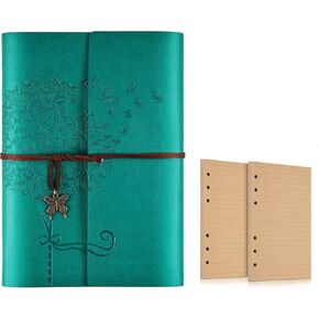 OMEYA Leather Journal Notebook, Refillable Travelers Journals for Women Girls, Ruled Diary Writing Journal to Write in A5 (Blue with A5 Refill Paper