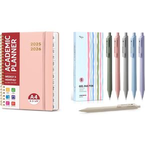 Academic Planner 2025-2026 For Women & Men and Gel Pens, 6 Pcs Quick Dry Blcak Gel Ink Pens