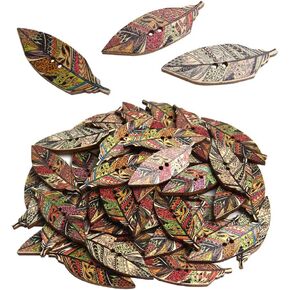 Wixine 100Pcs Indian Feather 2 Hole Wood Buttons for Sewing Scrapbook Clothing Crafts Handwork Accessories Card DIY 42 x 15 mm