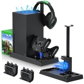 MENEEA Cooling Fan & Charging Stand for Xbox Series X Console and Controller,Vertical Cooler System Dual Charger Station Dock Accessories Kit with 2 x 1400mAh Rechargeable Battery (White)