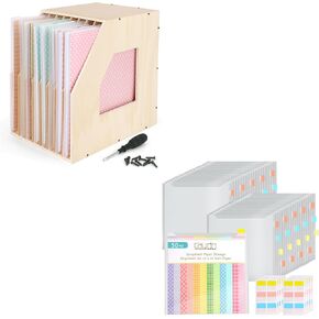 Caydo Wood Paper Storage Organizer مع 50 قطعة من منظم تخزين ورق القصاصات و 120 قطعة علامات تبويب فهرس لزج لعقد ورق قصاصات 12 × 12 بوصة ، وملفات ، وورق فينيل وبطاقات البطاقات