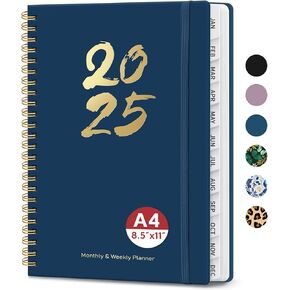 2025 Planner - Weekly and Monthly Planner, January 2025 to December 2025, Spiral Bound 2025 Calendar Planner Book, Inner Pocket, Perfect for Office Home School Supplies - A4 (8.5" x 11"), Navy