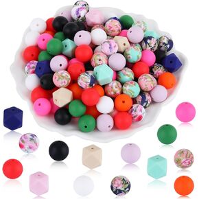89 PCS حبات السيليكون 15 ملم حبات السيليكون السخرية سداسي سيليكون حبات بؤرية للأقلام للأسوار لأساني مفاتيح الحبل DIY （لون الصلبة والأزهار）