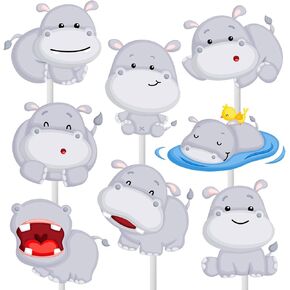 Hippo Cupcake Toppers 24pcs - Hippopotamus Cupcake Toppers Toppers for Birthday Party Cake - jungle Animal Decorations for Baby Shower Supplies