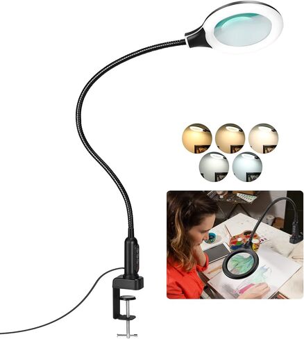 26" Gooseneck Magnifying Lamp with Clamp, 5 Color Modes Stepless Dimmable LED Desk Light with Magnifying Glass, 8X Real Glass Lighted Magnifier Hands Free for Painting Close Work Craft Hobby in Saudi Arabia