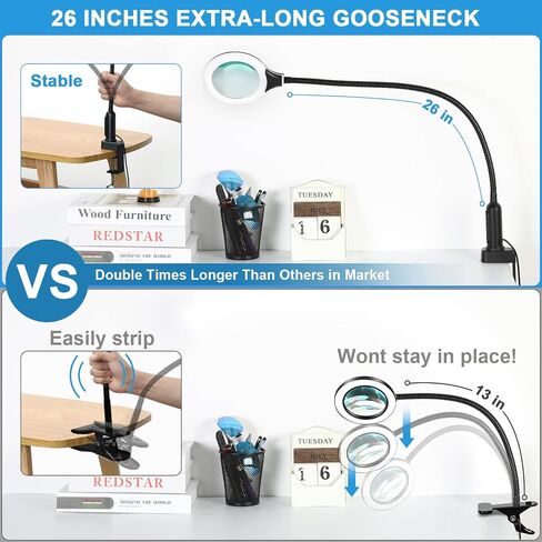 26" Gooseneck Magnifying Lamp with Clamp, 5 Color Modes Stepless Dimmable LED Desk Light with Magnifying Glass, 8X Real Glass Lighted Magnifier Hands Free for Painting Close Work Craft Hobby in Saudi Arabia